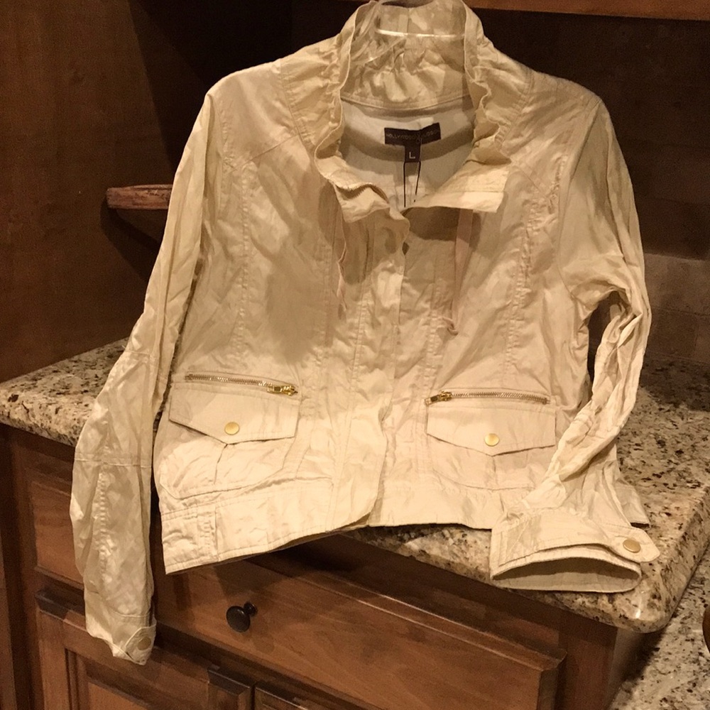 Hollywood Hudson jacket/ gold zippers /pockets/gathered at neck.